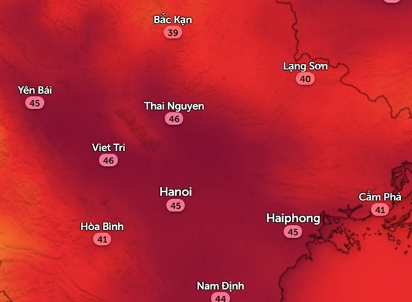 Nhiệt độ cảm nhận ở một số tỉnh thành miền Bắc vào chiều nay, 13/6. Ảnh: Zoom Earth, OpenStreetMap. Nhiệt độ cảm nhận ở một số tỉnh thành miền Bắc vào chiều nay, 13/6. Ảnh: Zoom Earth, OpenStreetMap.
