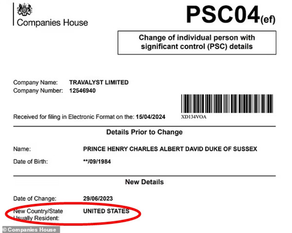 Văn bản thay đổi thông tin của Hoàng tử Harry mà trang Daily Mail có được. Ảnh: Companies House/ Daily Mail.