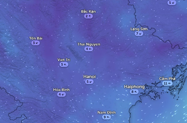 Trong ngày mai, nhiều tỉnh thành ở miền Bắc có gió Đông Bắc nhẹ. Ảnh: Zoom Earth, OpenStreetMap.