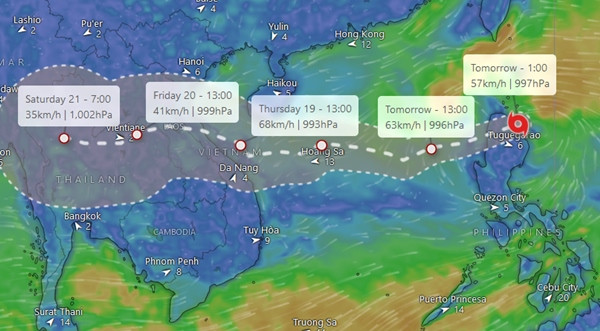 Cơ quan khí tượng Vương quốc Anh dự báo bão/ ATNĐ sẽ đổ bộ miền Trung nước ta. Ảnh: Windy. Cơ quan khí tượng Vương quốc Anh dự báo bão/ ATNĐ sẽ đổ bộ miền Trung nước ta. Ảnh: Windy.