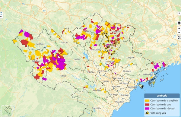 Bản đồ nguy cơ lũ quét, sạt lở đất đá trên các khu vực, do Trung tâm Dự báo Khí tượng Thủy văn Quốc gia đưa ra vào sáng sớm nay, 30/7. Ảnh: Trung tâm Dự báo Khí tượng Thủy văn Quốc gia. Bản đồ nguy cơ lũ quét, sạt lở đất đá trên các khu vực, do Trung tâm Dự báo Khí tượng Thủy văn Quốc gia đưa ra vào sáng sớm nay, 30/7. Ảnh: Trung tâm Dự báo Khí tượng Thủy văn Quốc gia.