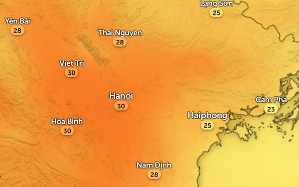 Nhiệt độ thực ngoài trời ở Hà Nội và một số tỉnh thành miền Bắc vào chiều ngày 6/2: Trời khá nóng. Ảnh: Zoom Earth, OpenStreetMap.