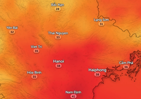 Nhiệt độ cảm nhận ở một số tỉnh thành miền Bắc vào trưa và đầu giờ chiều thứ Hai, 10/6. Ảnh: Zoom Earth, OpenStreetMap. Nhiệt độ cảm nhận ở một số tỉnh thành miền Bắc vào trưa và đầu giờ chiều thứ Hai, 10/6. Ảnh: Zoom Earth, OpenStreetMap.