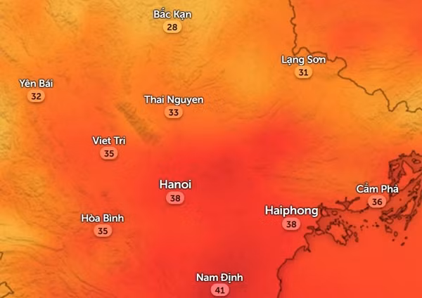Nhiệt độ cảm nhận ở một số tỉnh thành miền Bắc vào trưa và đầu giờ chiều thứ Hai, 10/6. Ảnh: Zoom Earth, OpenStreetMap. Nhiệt độ cảm nhận ở một số tỉnh thành miền Bắc vào trưa và đầu giờ chiều thứ Hai, 10/6. Ảnh: Zoom Earth, OpenStreetMap.