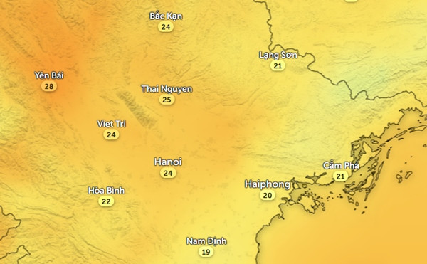 Nhiệt độ cảm nhận ở một số tỉnh thành miền Bắc vào trưa và chiều 27/10: Nhiều nơi trời mát lạnh đến lạnh. Ảnh: Zoom Earth, OpenStreetMap, DWD.
