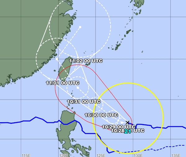 Dự báo của JMA cho thấy bão Kong-rey có khả năng trở thành cơn bão số 7 (theo cách đặt số hiệu của nước ta). Ảnh: JMA. Dự báo của JMA cho thấy bão Kong-rey có khả năng trở thành cơn bão số 7 (theo cách đặt số hiệu của nước ta). Ảnh: JMA.