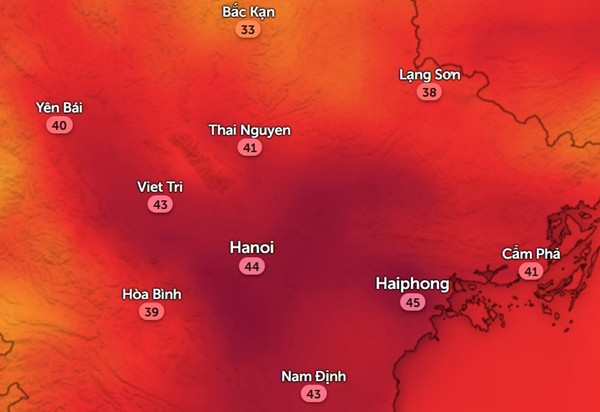 Nhiệt độ cảm nhận ở một số tỉnh thành miền Bắc vào trưa và đầu giờ chiều nay, 3/6. Ảnh: Zoom Earth, OpenStreetMap.