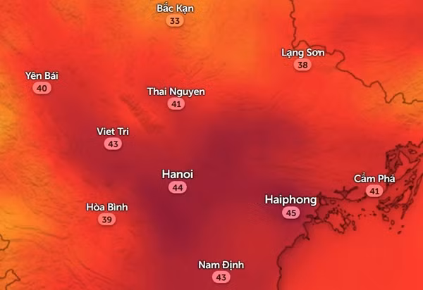 Nhiệt độ cảm nhận ở một số tỉnh thành miền Bắc vào trưa và đầu giờ chiều nay, 3/6. Ảnh: Zoom Earth, OpenStreetMap.