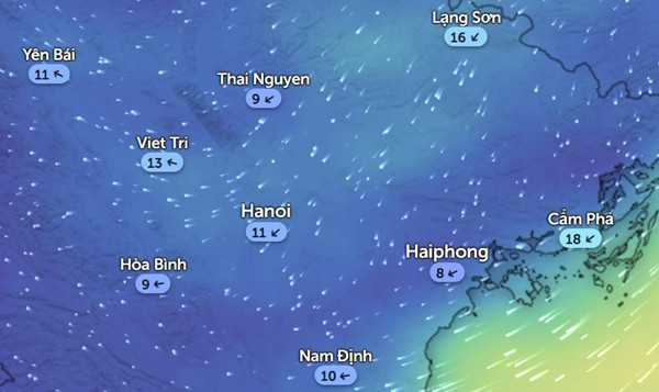 Hướng và tốc độ gió (km/h) ở Hà Nội và một số tỉnh thành miền Bắc vào sáng sớm 29 Tết (8/2). Ảnh: Zoom Earth, OpenStreetMap.