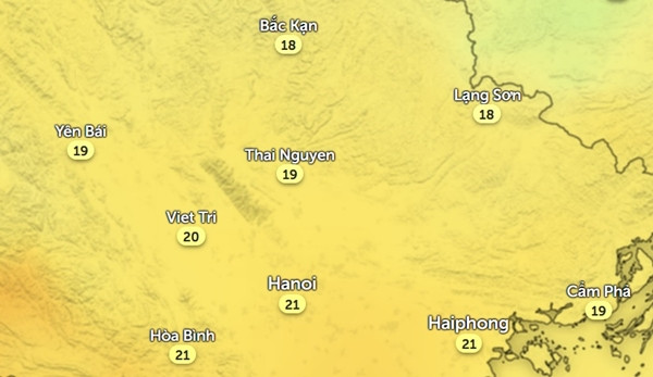 Nhiệt độ ở Hà Nội và một số tỉnh thành miền Bắc vào chiều ngày thứ Ba, 30/1. Ảnh: Zoom Earth, OpenStreetMap. Nhiệt độ ở Hà Nội và một số tỉnh thành miền Bắc vào chiều ngày thứ Ba, 30/1. Ảnh: Zoom Earth, OpenStreetMap.