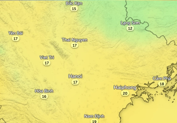 Nhiệt độ một số tỉnh thành miền Bắc chiều thứ Hai, 26/2. Ảnh: Zoom Earth, OpenStreetMap.
