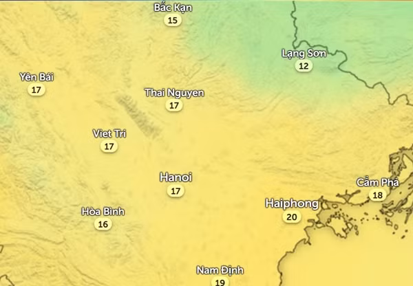 Nhiệt độ một số tỉnh thành miền Bắc chiều thứ Hai, 26/2. Ảnh: Zoom Earth, OpenStreetMap.