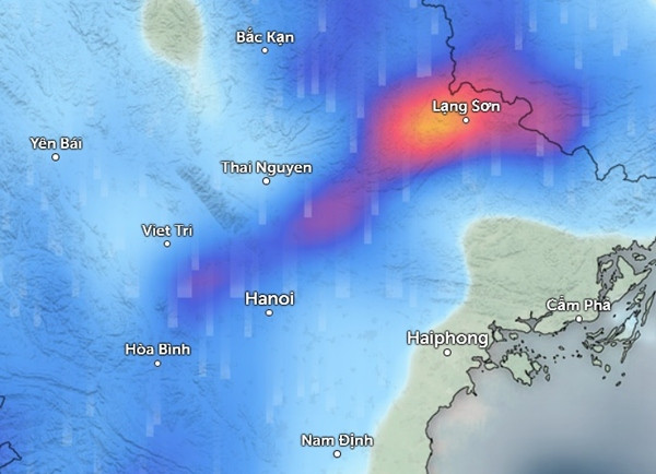 Dự báo mưa vào chiều đến chiều tối nay: Hà Nội có mưa vừa, có khu vực có mưa to. Ảnh: Zoom Earth, OpenStreetMap. Dự báo mưa vào chiều đến chiều tối nay: Hà Nội có mưa vừa, có khu vực có mưa to. Ảnh: Zoom Earth, OpenStreetMap.