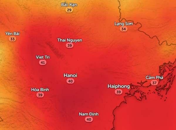 Nhiệt độ cảm nhận ở một số tỉnh thành miền Bắc vào trưa và chiều 28/7 giảm khá nhiều so với ngày 27/7. Ảnh: Zoom Earth, OpenStreetMap.