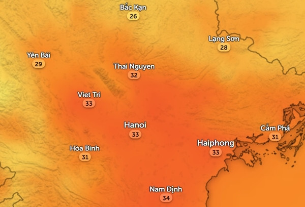 Nhiệt độ cảm nhận thực tế ở một số tỉnh thành miền Bắc chiều thứ Năm, 16/5. Ảnh: Zoom Earth, OpenStreetMap.