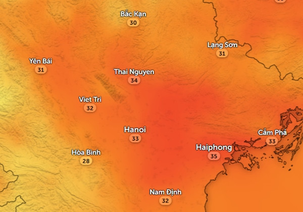 Nhiệt độ cảm nhận ở một số tỉnh thành miền Bắc vào trưa và đầu giờ chiều nay, 21/10. Ảnh: Zoom Earth, OpenStreetMap.