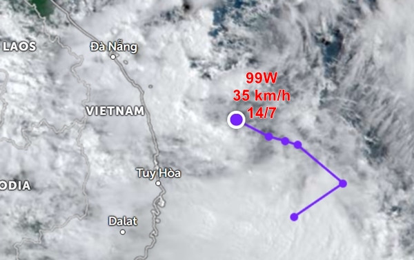 Vị trí của áp thấp 99W vào sáng nay, 14/7. Ảnh: Zoom Earth, JMA/ NOAA. Vị trí của áp thấp 99W vào sáng nay, 14/7. Ảnh: Zoom Earth, JMA/ NOAA.