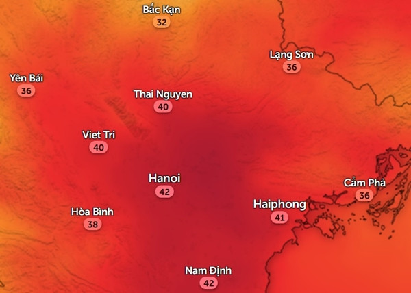 Nhiệt độ cảm nhận ở một số tỉnh thành miền Bắc vào đầu giờ chiều Chủ Nhật, 2/6. Ảnh: Zoom Earth, OpenStreetMap. Nhiệt độ cảm nhận ở một số tỉnh thành miền Bắc vào đầu giờ chiều Chủ Nhật, 2/6. Ảnh: Zoom Earth, OpenStreetMap.