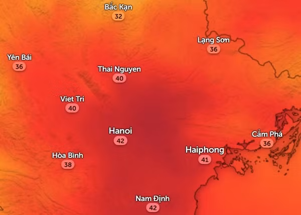 Nhiệt độ cảm nhận ở một số tỉnh thành miền Bắc vào đầu giờ chiều Chủ Nhật, 2/6. Ảnh: Zoom Earth, OpenStreetMap.