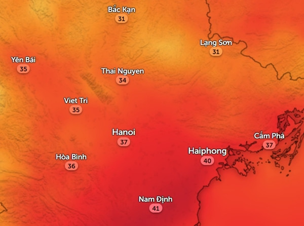 Nhiệt độ cảm nhận ở một số tỉnh thành miền Bắc vào chiều mai, 2/6. Ảnh: Zoom Earth, OpenStreetMap. Nhiệt độ cảm nhận ở một số tỉnh thành miền Bắc vào chiều mai, 2/6. Ảnh: Zoom Earth, OpenStreetMap.