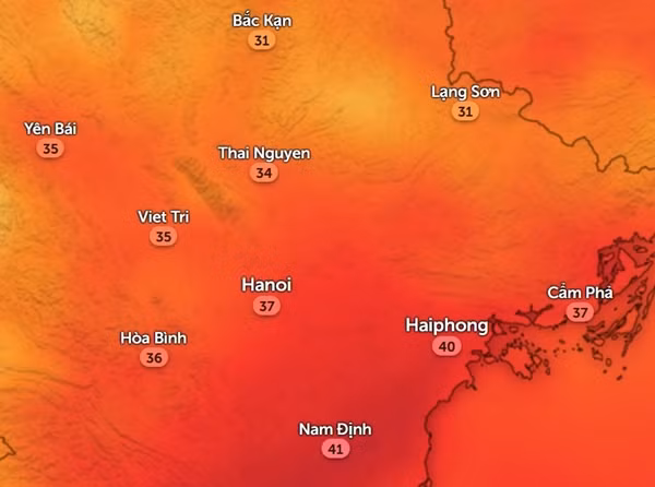 Nhiệt độ cảm nhận ở một số tỉnh thành miền Bắc vào chiều mai, 2/6. Ảnh: Zoom Earth, OpenStreetMap. Nhiệt độ cảm nhận ở một số tỉnh thành miền Bắc vào chiều mai, 2/6. Ảnh: Zoom Earth, OpenStreetMap.