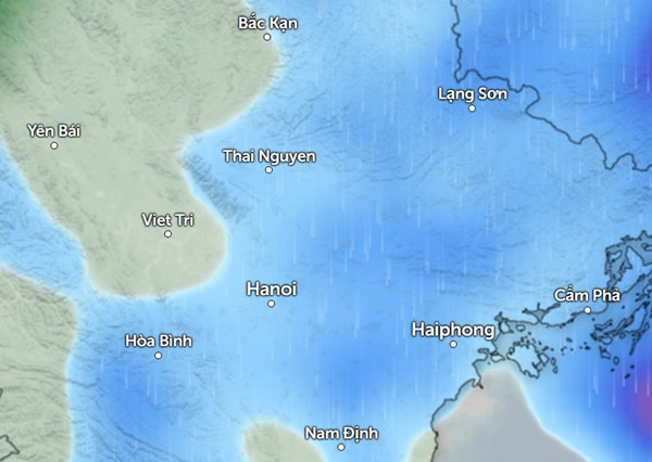 Dự báo mưa ở một số tỉnh thành miền Bắc vào chiều mai, 30/5 (những vùng màu xanh da trời là mưa nhỏ đến mưa vừa). Ảnh: Zoom Earth, OpenStreetMap. Dự báo mưa ở một số tỉnh thành miền Bắc vào chiều mai, 30/5 (những vùng màu xanh da trời là mưa nhỏ đến mưa vừa). Ảnh: Zoom Earth, OpenStreetMap.