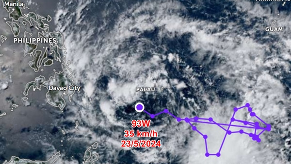 Vị trí của áp thấp 93W vào tối 23/5. Ảnh: Zoom Earth, JMA.