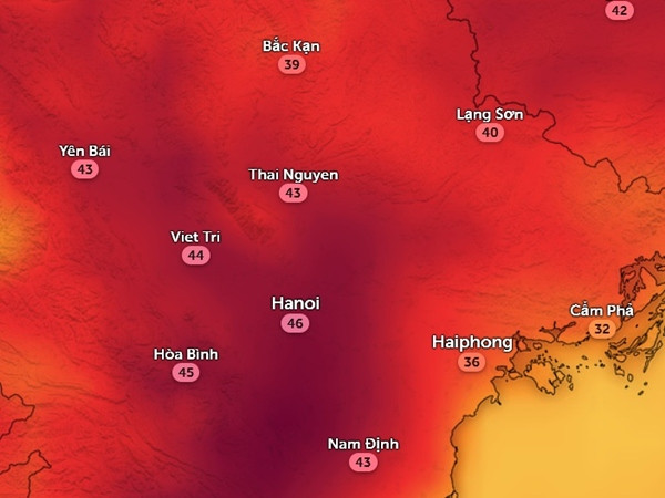 Nhiệt độ ở một số tỉnh thành miền Bắc vào chiều nay, 3/4. Ảnh: Zoom Earth, OpenStreetMap.