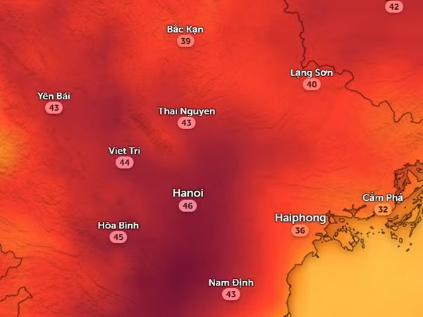 Nhiệt độ ở một số tỉnh thành miền Bắc vào chiều nay, 3/4. Ảnh: Zoom Earth, OpenStreetMap.