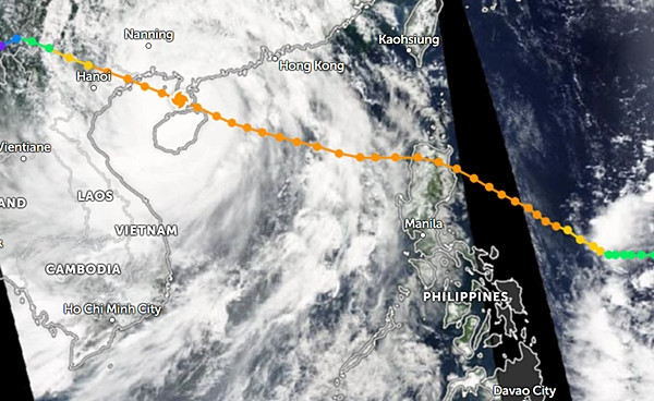 Đường đi của bão Kalmaegi (bão số 3 năm 2014). Ảnh: Zoom Earth, NASA. Đường đi của bão Kalmaegi (bão số 3 năm 2014). Ảnh: Zoom Earth, NASA.