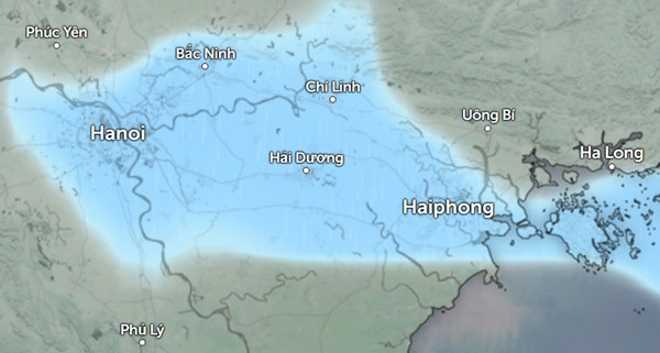 Hà Nội và một số tỉnh thành lân cận có mưa vào sáng 10/1 (những vùng màu xanh da trời là có mưa). Ảnh: Zoom Earth, OpenStreetMap.
