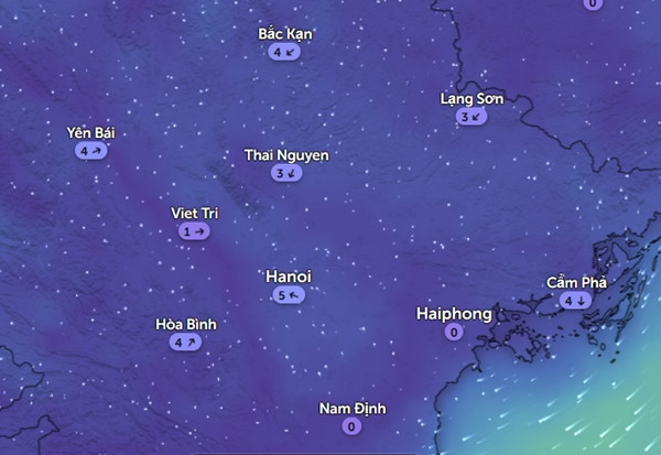 Đến tối nay, nhiều tỉnh thành miền Bắc có gió thay đổi, Hà Nội có lúc có gió Đông - Đông Nam chứ không còn là gió Đông Bắc, một số khu vực lại lặng gió. Ảnh: Zoom Earth, OpenStreetMap. Đến tối nay, nhiều tỉnh thành miền Bắc có gió thay đổi, Hà Nội có lúc có gió Đông - Đông Nam chứ không còn là gió Đông Bắc, một số khu vực lại lặng gió. Ảnh: Zoom Earth, OpenStreetMap.