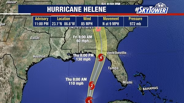 Bão Helene được dự báo sẽ đổ bộ bang Florida (Mỹ) vào khoảng tối thứ Năm (giờ Mỹ, là sáng sớm thứ Sáu theo giờ Việt Nam). Ảnh: Fox 13. Bão Helene được dự báo sẽ đổ bộ bang Florida (Mỹ) vào khoảng tối thứ Năm (giờ Mỹ, là sáng sớm thứ Sáu theo giờ Việt Nam). Ảnh: Fox 13.