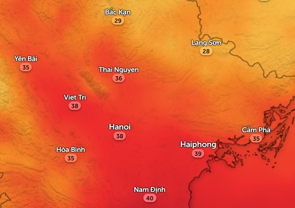 Nhiệt độ cảm nhận ở một số tỉnh thành miền Bắc vào chiều nay, 4/6. Ảnh: Zoom Earth, OpenStreetMap.