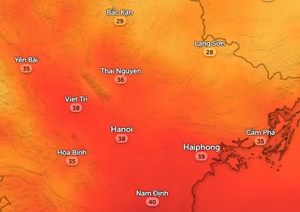 Nhiệt độ cảm nhận ở một số tỉnh thành miền Bắc vào chiều nay, 4/6. Ảnh: Zoom Earth, OpenStreetMap. Nhiệt độ cảm nhận ở một số tỉnh thành miền Bắc vào chiều nay, 4/6. Ảnh: Zoom Earth, OpenStreetMap.