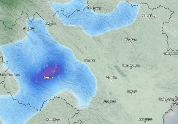 Dự báo một số tỉnh thành ở miền Bắc có mưa vào sáng và trưa mai (màu xanh da trời là mưa nhỏ đến vừa, màu tím là mưa vừa đến mưa to). Ảnh: Zoom Earth, OpenStreetMap. Dự báo một số tỉnh thành ở miền Bắc có mưa vào sáng và trưa mai (màu xanh da trời là mưa nhỏ đến vừa, màu tím là mưa vừa đến mưa to). Ảnh: Zoom Earth, OpenStreetMap.