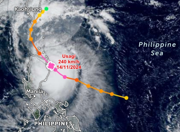 Vị trí hiện tại (sáng 14/11) và đường đi dự báo của siêu bão Usagi. Ảnh: Zoom Earth, JMA, JTWC.