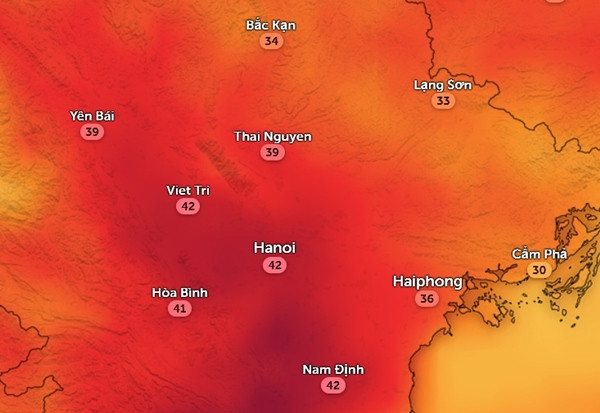 Nhiệt độ ở một số tỉnh thành miền Bắc chiều thứ Năm, 18/4. Ảnh: Zoom Earth, OpenStreetMap. Nhiệt độ ở một số tỉnh thành miền Bắc chiều thứ Năm, 18/4. Ảnh: Zoom Earth, OpenStreetMap.