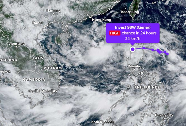 Vị trí của Gener/ 98W vào 7h sáng nay trên bản đồ của Zoom Earth, dựa trên thông tin từ JTWC. Ảnh: Zoom Earth, JMA. Vị trí của Gener/ 98W vào 7h sáng nay trên bản đồ của Zoom Earth, dựa trên thông tin từ JTWC. Ảnh: Zoom Earth, JMA.