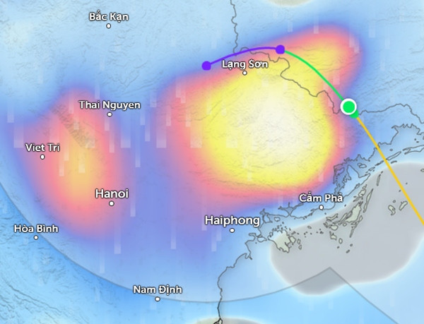 Dự báo mưa lớn do bão số 2 ở một số tỉnh thành miền Bắc (màu xanh da trời là mưa nhỏ đến vừa, màu đỏ là mưa vừa đến mưa to, màu vàng đến trắng là mưa rất to). Ảnh: Zoom Earth, OpenStreetMap. Dự báo mưa lớn do bão số 2 ở một số tỉnh thành miền Bắc (màu xanh da trời là mưa nhỏ đến vừa, màu đỏ là mưa vừa đến mưa to, màu vàng đến trắng là mưa rất to). Ảnh: Zoom Earth, OpenStreetMap.