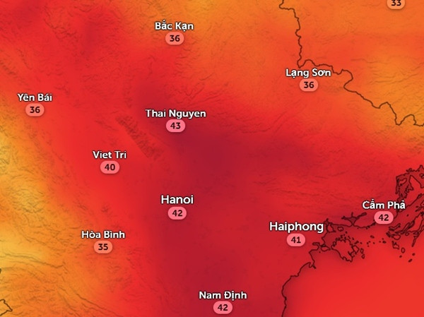 Nhiệt độ cảm nhận thực tế ngoài trời ở một số tỉnh thành miền Bắc vào trưa và đầu giờ chiều mai, 28/5: Trời rất oi nóng. Ảnh: Zoom Earth, OpenStreetMap. Nhiệt độ cảm nhận thực tế ngoài trời ở một số tỉnh thành miền Bắc vào trưa và đầu giờ chiều mai, 28/5: Trời rất oi nóng. Ảnh: Zoom Earth, OpenStreetMap.