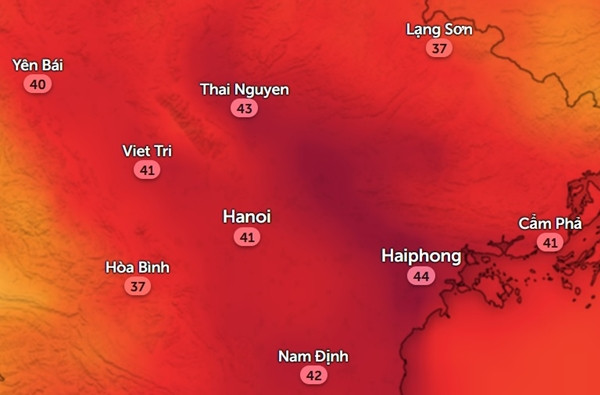 Nhiệt độ cảm nhận ở một số tỉnh thành miền Bắc vào trưa và đầu giờ chiều nay, 28/5. Ảnh: Zoom Earth, OpenStreetMap. Nhiệt độ cảm nhận ở một số tỉnh thành miền Bắc vào trưa và đầu giờ chiều nay, 28/5. Ảnh: Zoom Earth, OpenStreetMap.