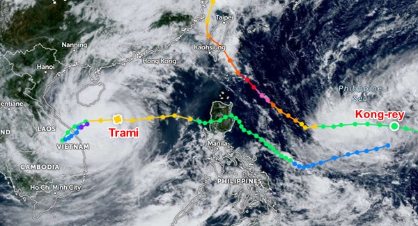 Đường đi của 2 cơn bão Trami và Kong-rey cuối tháng 10: Cả hai đều ảnh hưởng đến phía Bắc Philippines (bão Trami còn đổ bộ nước ta). Ảnh: Zoom Earth, JMA/ NOAA, JTWC.