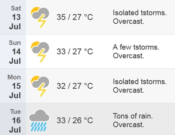 Dự báo thời tiết nói chung, nhiệt độ cao nhất và thấp nhất ở Hà Nội từ thứ Bảy tuần này đến thứ Ba tuần sau (13 - 16/7): Có dông rải rác từ mai đến thứ Hai, rồi ngày 16/7 được dự báo mưa nhiều. Ảnh: Time and Date.