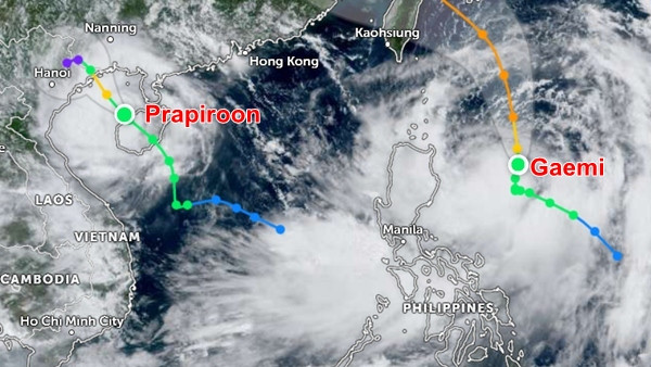 2 cơn bão đang cùng hoạt động trong khu vực: Bão số 2 (Prapiroon) và bão Gaemi. Ảnh: Zoom Earth, JMA. 2 cơn bão đang cùng hoạt động trong khu vực: Bão số 2 (Prapiroon) và bão Gaemi. Ảnh: Zoom Earth, JMA.