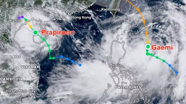 2 cơn bão đang cùng hoạt động trong khu vực: Bão số 2 (Prapiroon) và bão Gaemi. Ảnh: Zoom Earth, JMA.