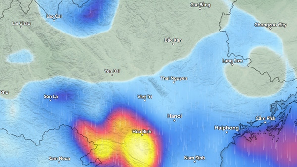 Dự báo mưa ở một số tỉnh thành miền Bắc nước ta vào sáng mai, 11/9 (những vùng màu xanh da trời là mưa nhỏ đến vừa, màu đỏ là mưa vừa đến mưa to, màu vàng là mưa rất to). Ảnh: Zoom Earth, OpenStreetMap. Dự báo mưa ở một số tỉnh thành miền Bắc nước ta vào sáng mai, 11/9 (những vùng màu xanh da trời là mưa nhỏ đến vừa, màu đỏ là mưa vừa đến mưa to, màu vàng là mưa rất to). Ảnh: Zoom Earth, OpenStreetMap.