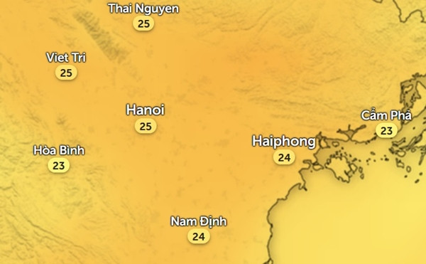 Dự báo nhiệt độ thực ngoài trời ở Hà Nội và một số tỉnh thành miền Bắc vào trưa và chiều 6/1: Trời khá ấm áp. Ảnh: Zoom Earth, OpenStreetMap. Dự báo nhiệt độ thực ngoài trời ở Hà Nội và một số tỉnh thành miền Bắc vào trưa và chiều 6/1: Trời khá ấm áp. Ảnh: Zoom Earth, OpenStreetMap.
