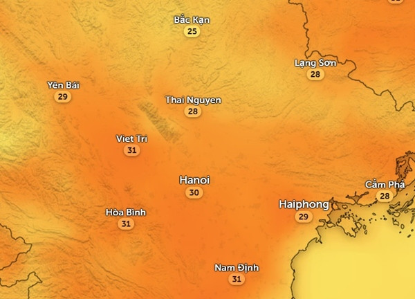 Nhiệt độ ở một số tỉnh thành Bắc Bộ vào chiều mai. Ảnh: Zoom Earth, OpenStreetMap. Nhiệt độ ở một số tỉnh thành Bắc Bộ vào chiều mai. Ảnh: Zoom Earth, OpenStreetMap.