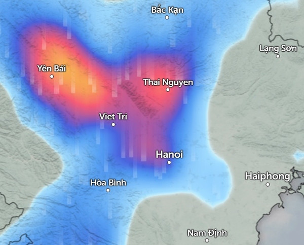 Dự báo mưa ở một số tỉnh thành miền Bắc vào tối nay, 2/7 (màu xanh da trời là mưa nhỏ đến vừa, màu đỏ là mưa vừa đến mưa to). Ảnh: Zoom Earth, OpenStreetMap.